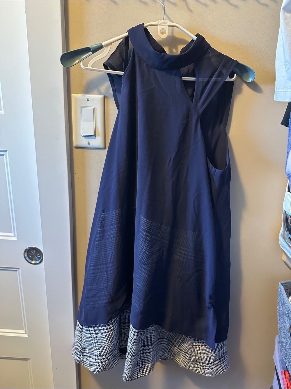 BCBGeneration Navy Blue Mini Dress with Black-and-White Plaid Trim
